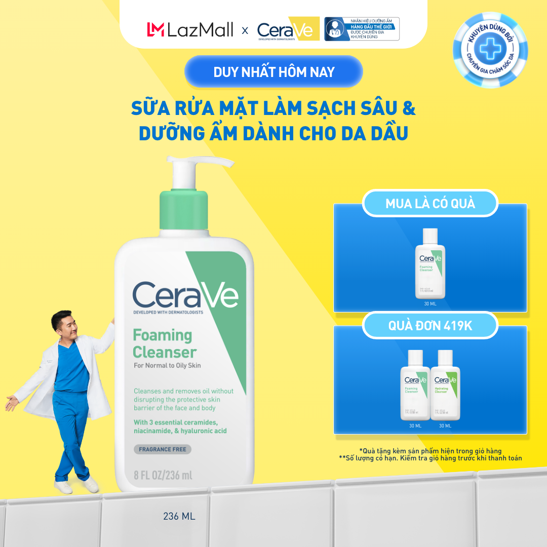 Sữa rửa mặt foaming giúp làm sạch sâu và dưỡng ẩm dịu nhẹ dành cho da dầu - CeraVe Foaming Facial Cleanser 236ML