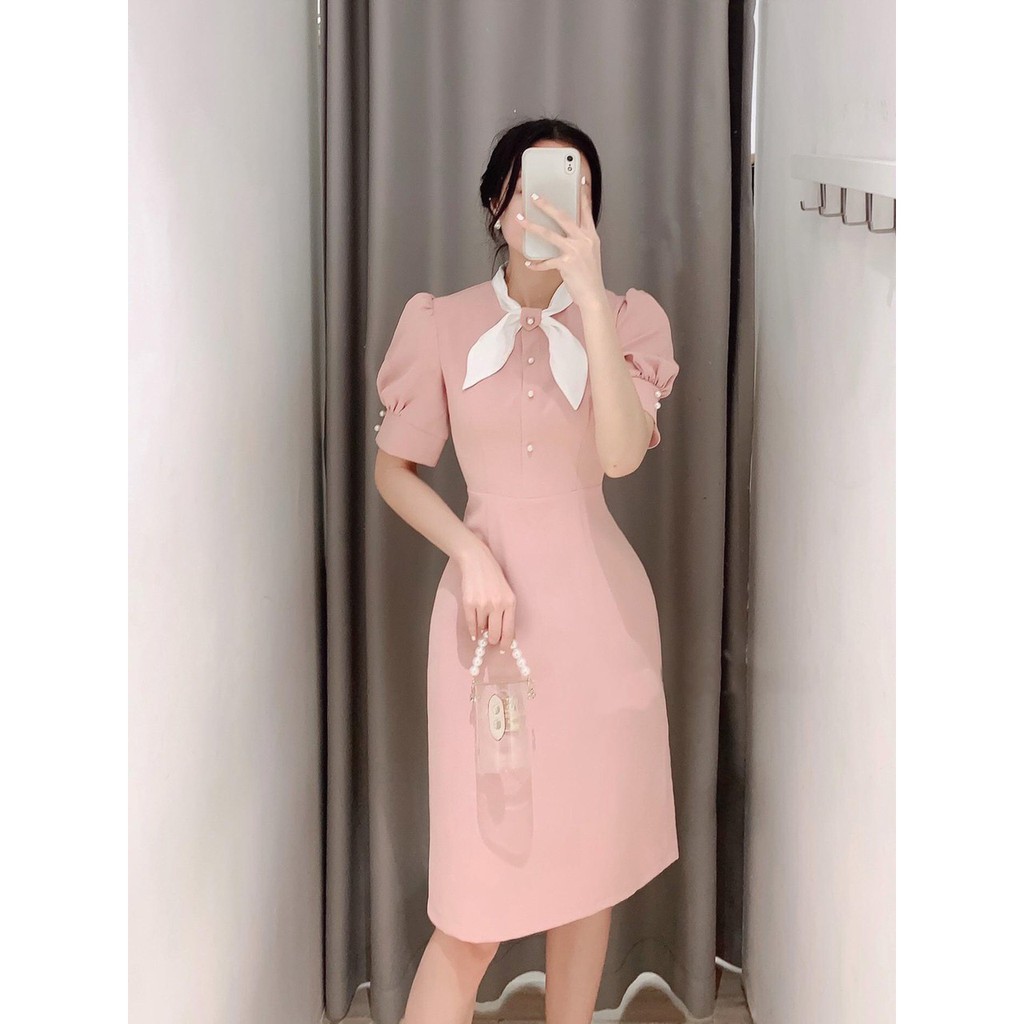 Đầm công sở phối cổ nơ cúc ngọc - đầm thiết kế