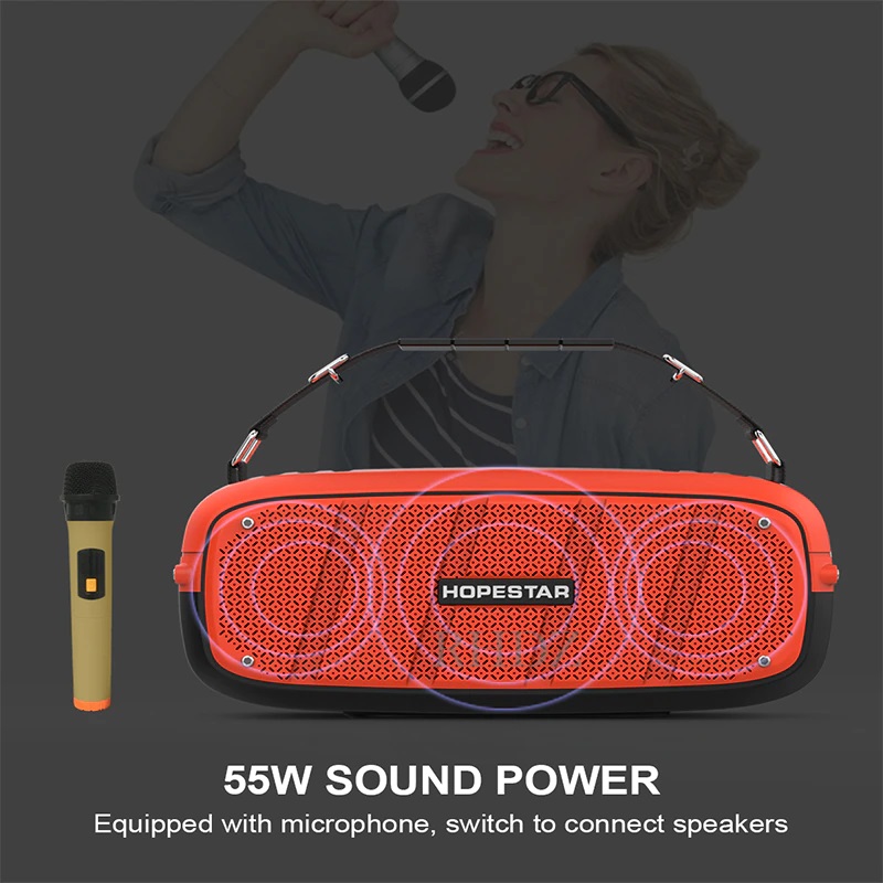 Loa bluetooth max bass, loa bluetooth hopestar- a20, loa trầm nghe nhạc âm thanh boombox, công suất 55w, bluetooth 4.2 - tính năng tws, dây đeo fmauxtfusb - hàng nhập khẩu.
