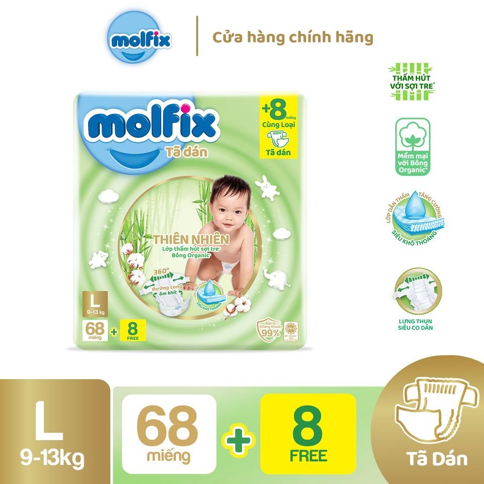Tã/bỉm dán Molfix Thiên nhiên Super Jumbo L - Gói 68+8 miếng