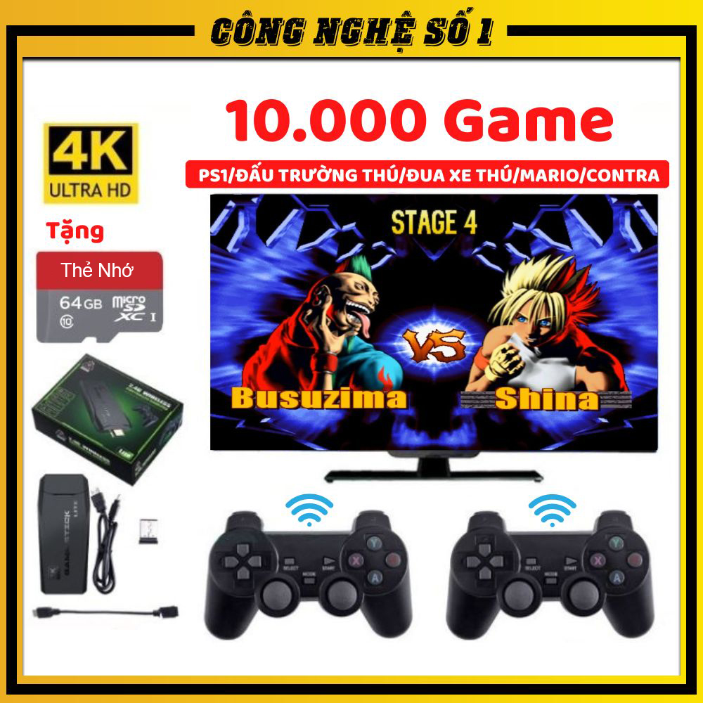 Máy Chơi Game 4 Nút Không Dây- Máy Chơi Game HDMI 4K, Có Sẵn 10000 game và 3500 Game, Game Dạng Đấu Trường Thú, Contra, Super Mario /CPS/ FC/ GBA/ PS1/ MD/ SFC/ GB/ GBC, máy chơi gamer điện tử cầm tay, máy chơi game trên tivi