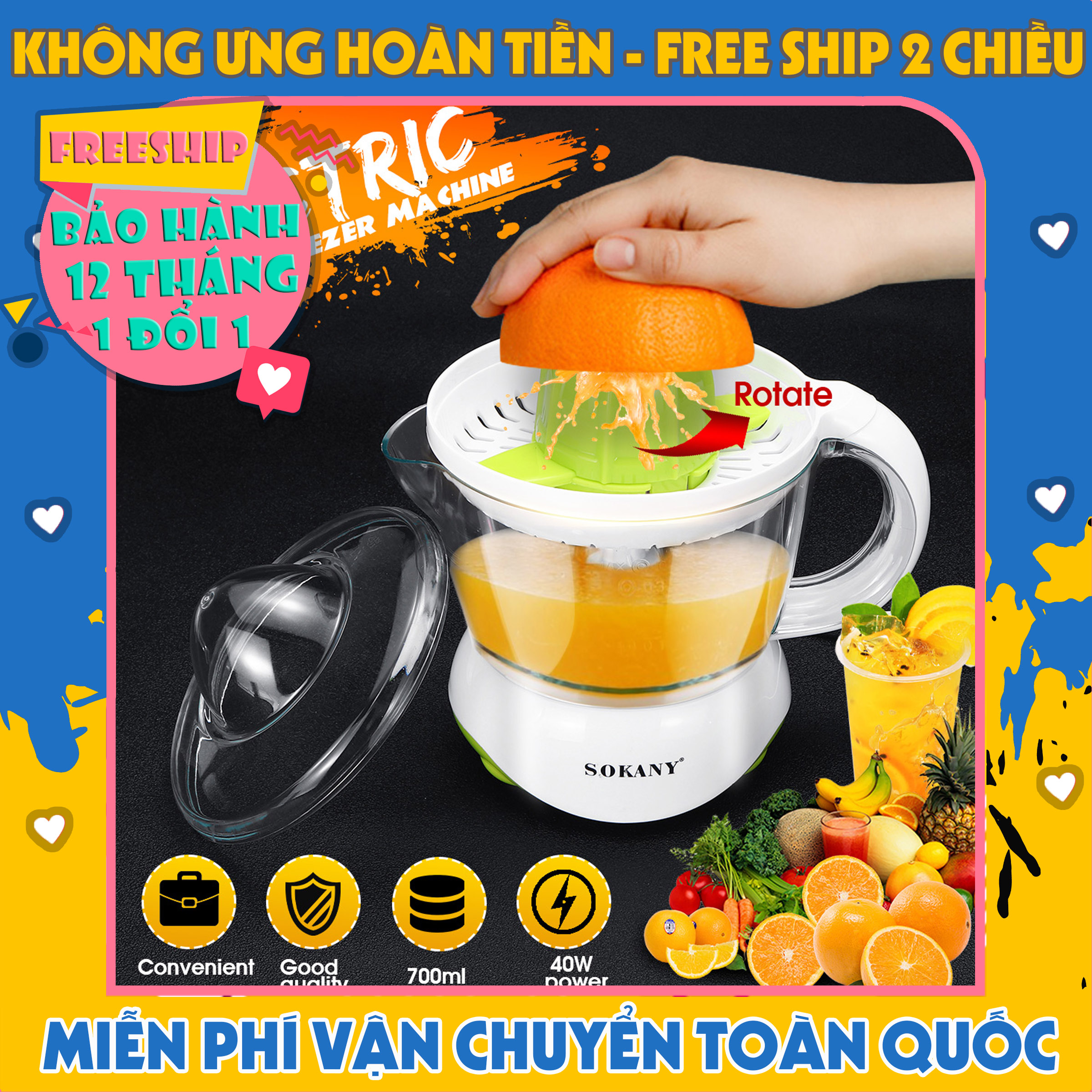 Máy vắt cam tiện lợi Sokany - Dung tích 700ML - Dễ dàng tháo lắp & vệ sinh - Cung cấp Vitamin C cho bạn và gia đình mỗi ngày - Công suất 40W