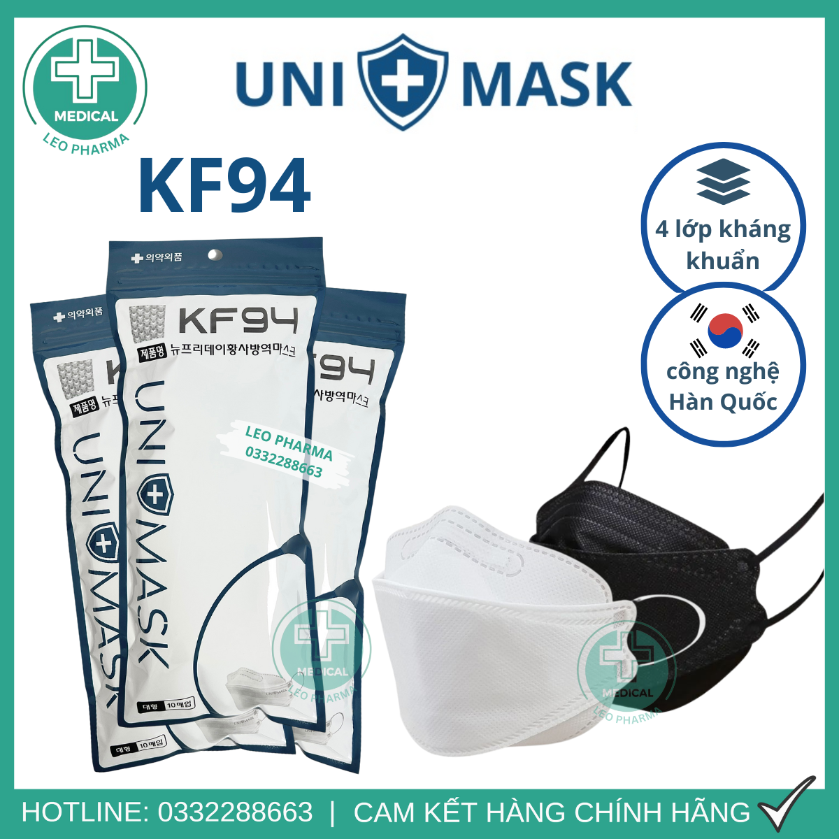 Combo 50 cái khẩu trang kf94 uni mask 4d công nghệ hàn quốc, 4 lớp kháng khuẩn chính hãng