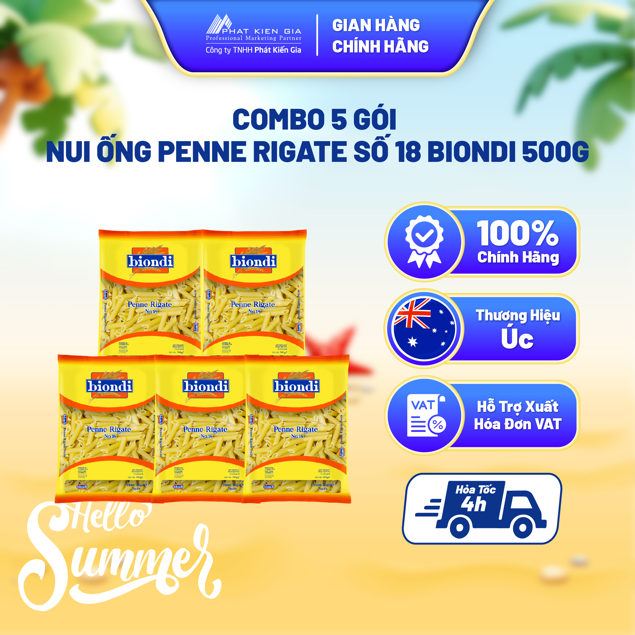 COMBO 5 Gói Nui Ống Penne Rigate Số 18 Biondi 500g | Biondi Penne Rigate No.18 500g