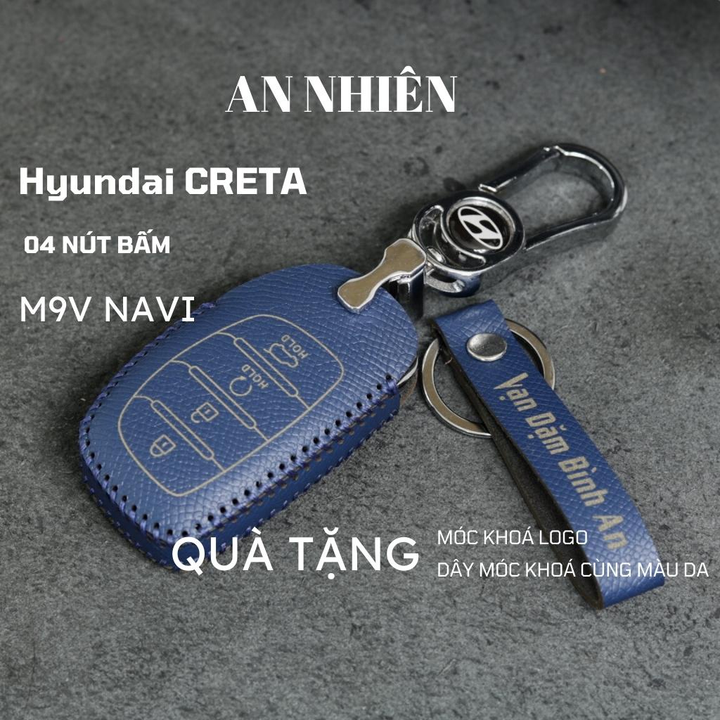 Bao da móc khoá bọc ốp chìa khóa xe ô tô Hyundai Creta 2022 chìa thông minh 4 nút bấm, da bò, nhiều 
