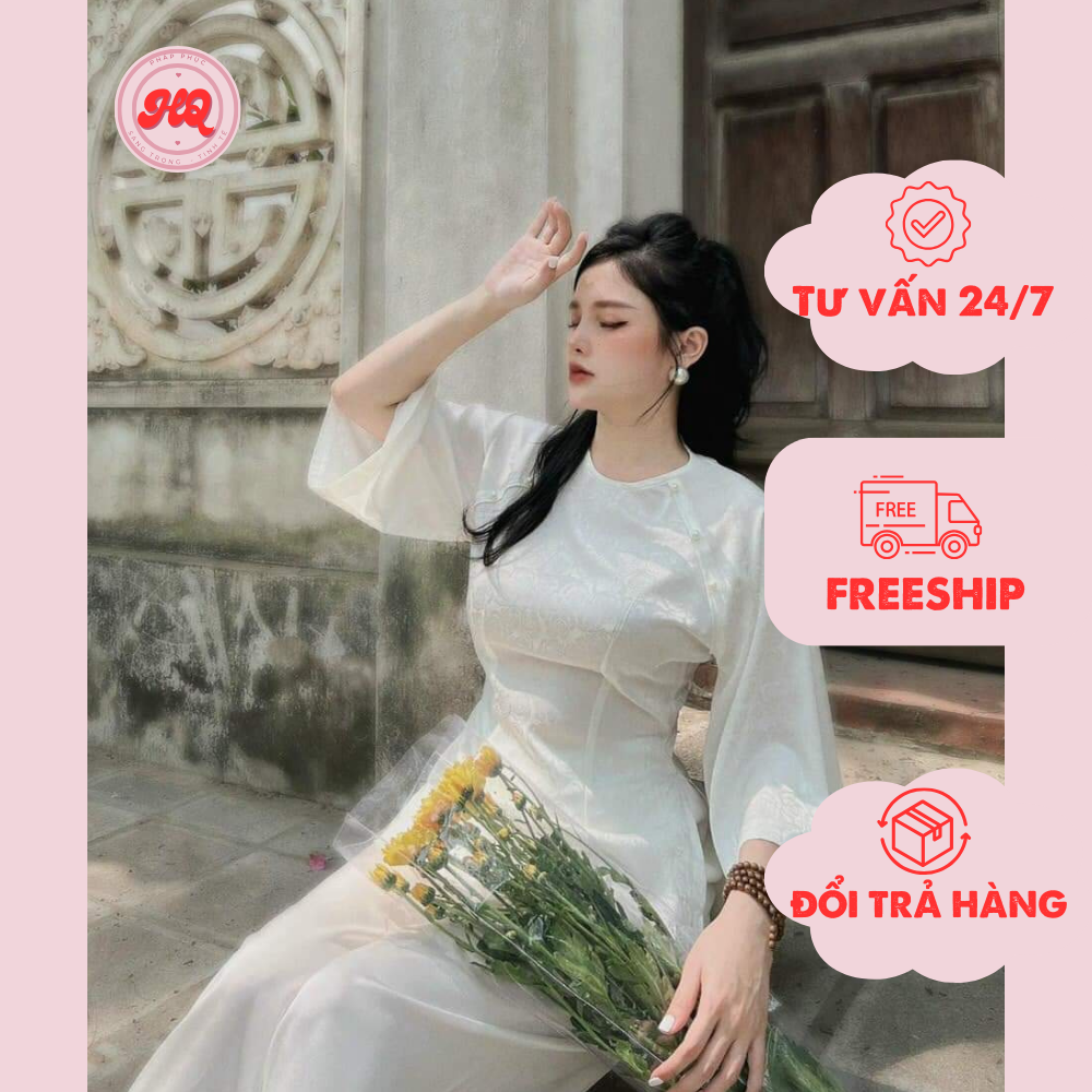 Bộ quần áo lễ chùa màu trắng chất liệu gấm tơ cao cấp in hoa văn chìm tao nhã - Q12
