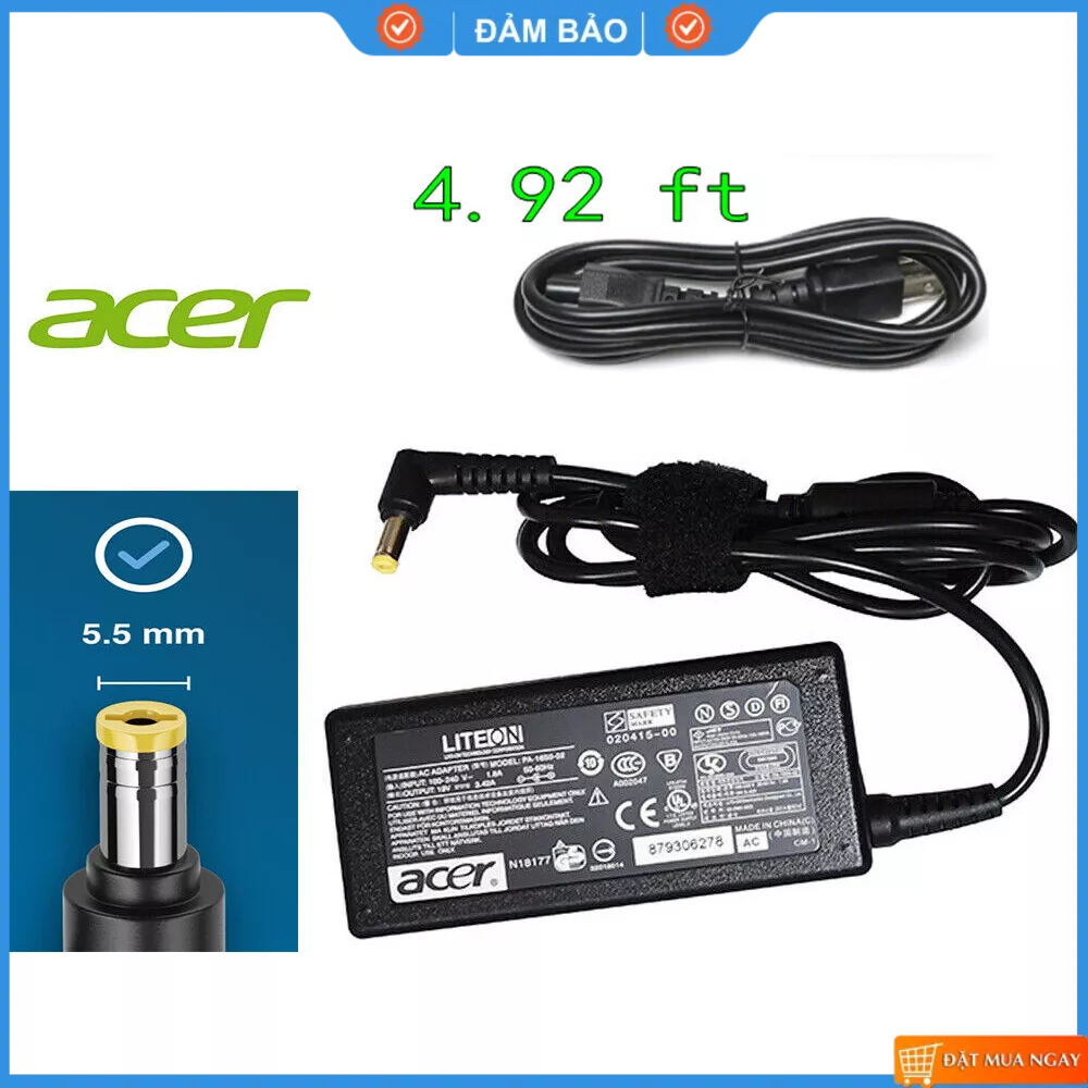 Sạc laptop acer 19v-3.42a-65w đầu to acer travelmate acer emachines adapter mới 100%