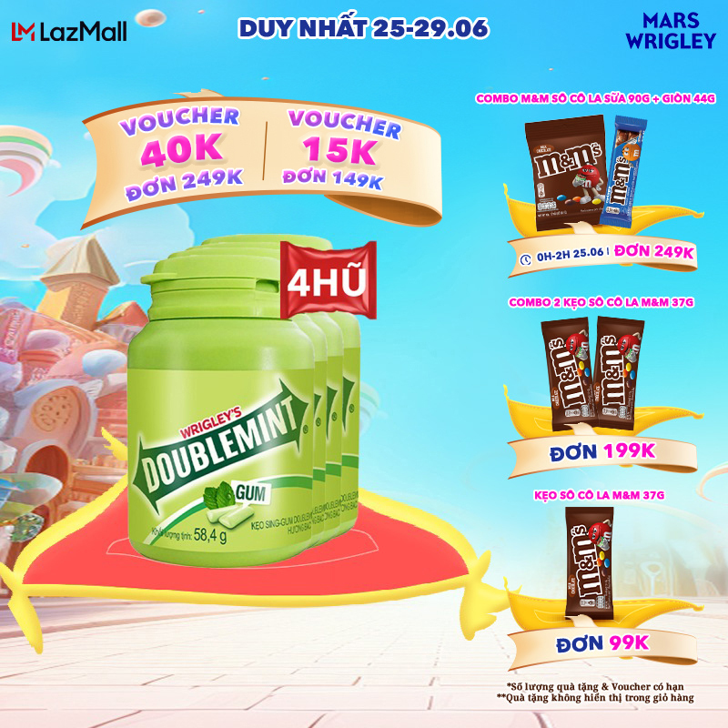 [25-29.06 - Voucher Doublemint 15% Đơn 10K] Combo 4 hũ kẹo Sing-gum Doublemint hương bạc hà hũ 40 viên