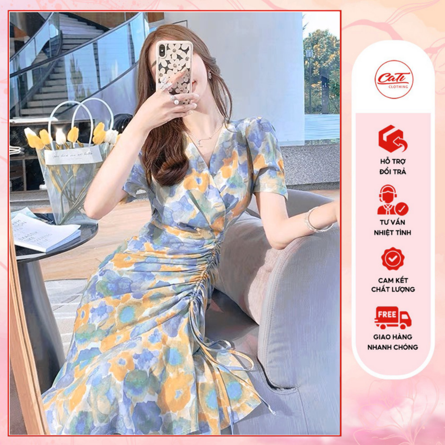CATI Đầm midii hoa tím rút eo