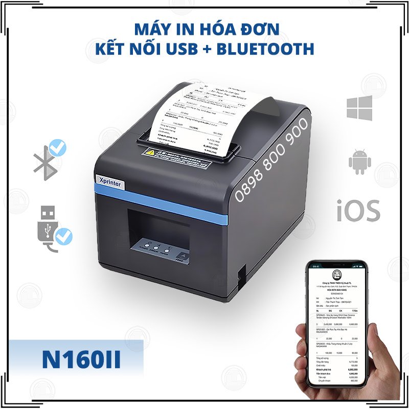 Máy in hóa đơn khổ 80 Xprinter XP-N160 in từ máy tính và điện thoại.