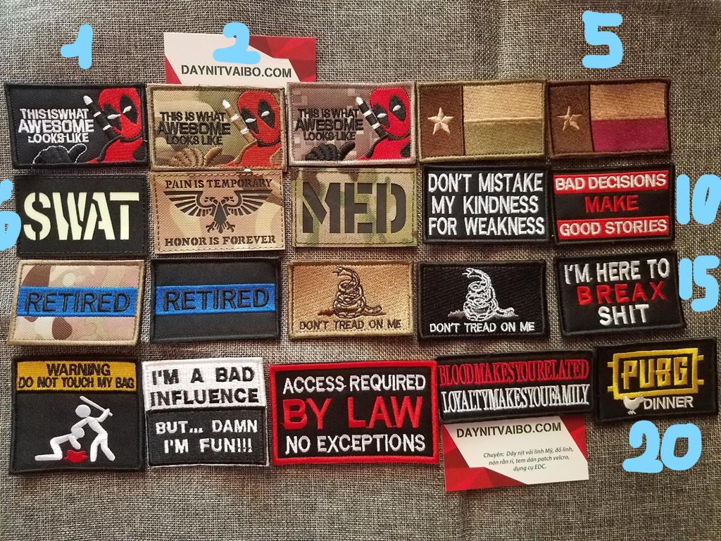 chuyên về tem dán, patch velcro kiểu hook loop (mặt gai dán vào mặt bông) hoặc may trang trí đồ lính Mỹ balo 511 balo tactical
