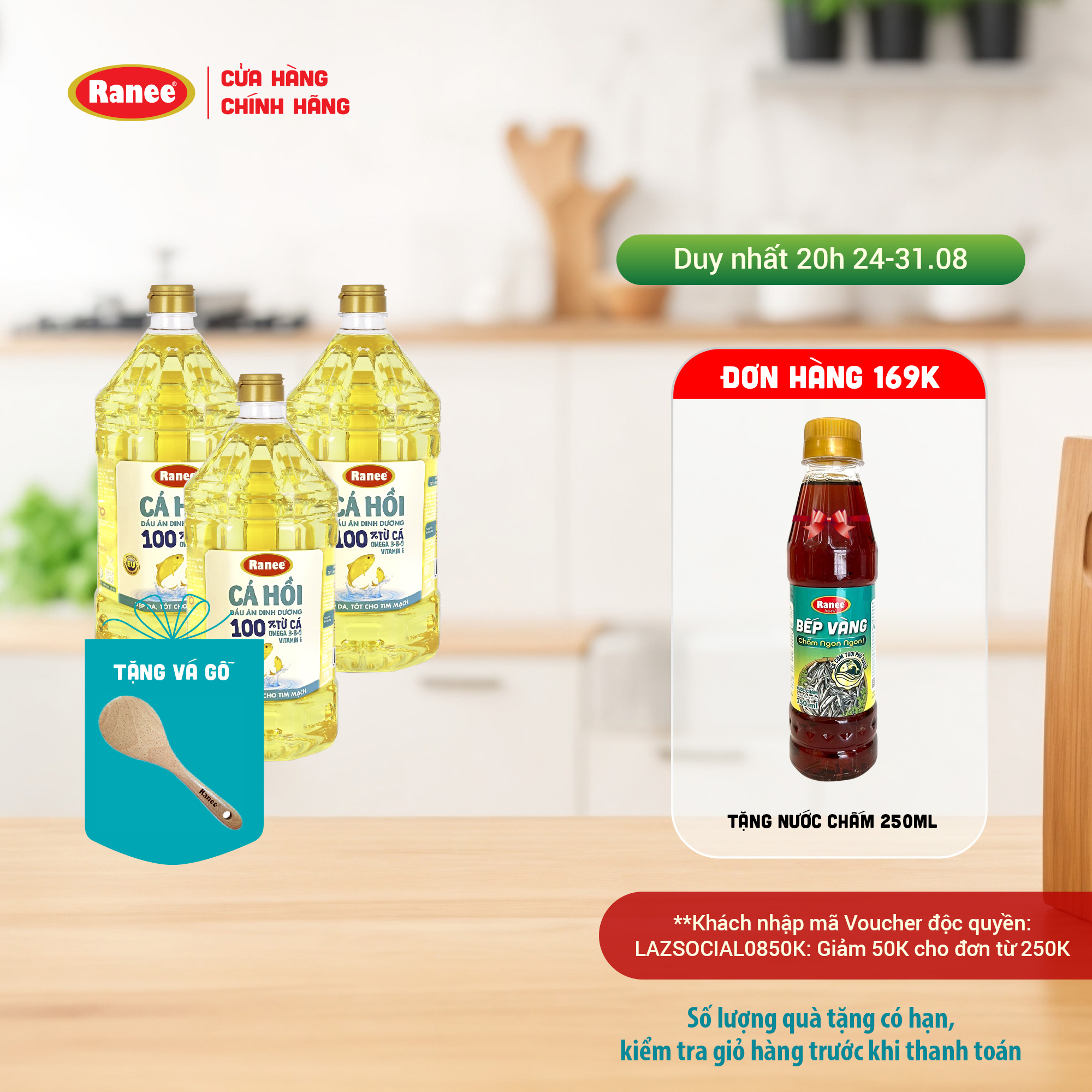 Combo 3 chai dầu ăn Ranee CÁ HỒI 2 lít tặng vá gỗ cao cấp Ranee
