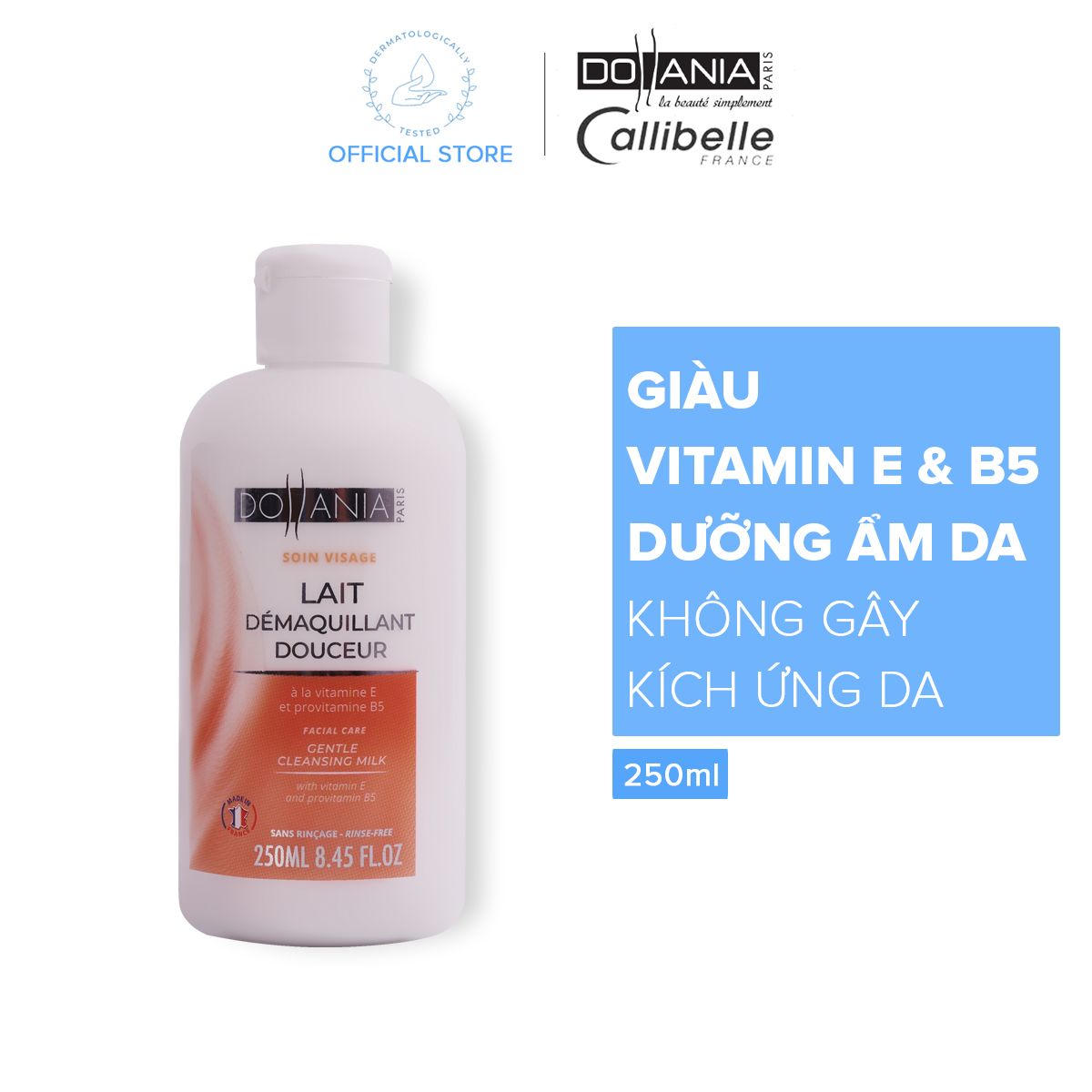 Sữa tẩy trang dành cho mọi loại da Dollania bổ sung giàu vitamin E và Provitamin B5 làm sạch sâu và dịu nhẹ cho da 250ml