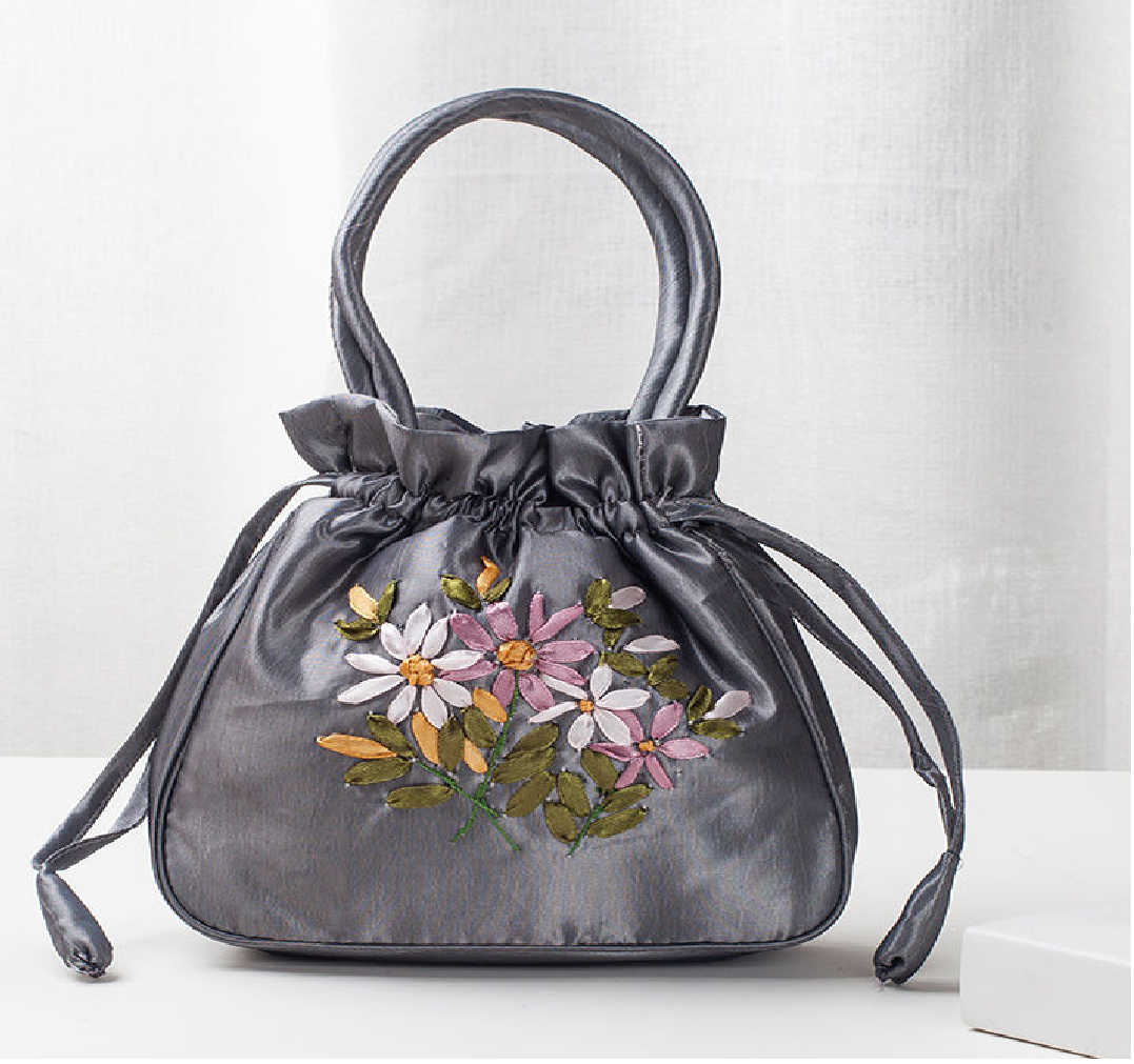 Handbag (Available) Handmade Floral Embroidery with Drawstring, Luxurious Women's Bag Made of 2-Layer Silk Fabric - 6