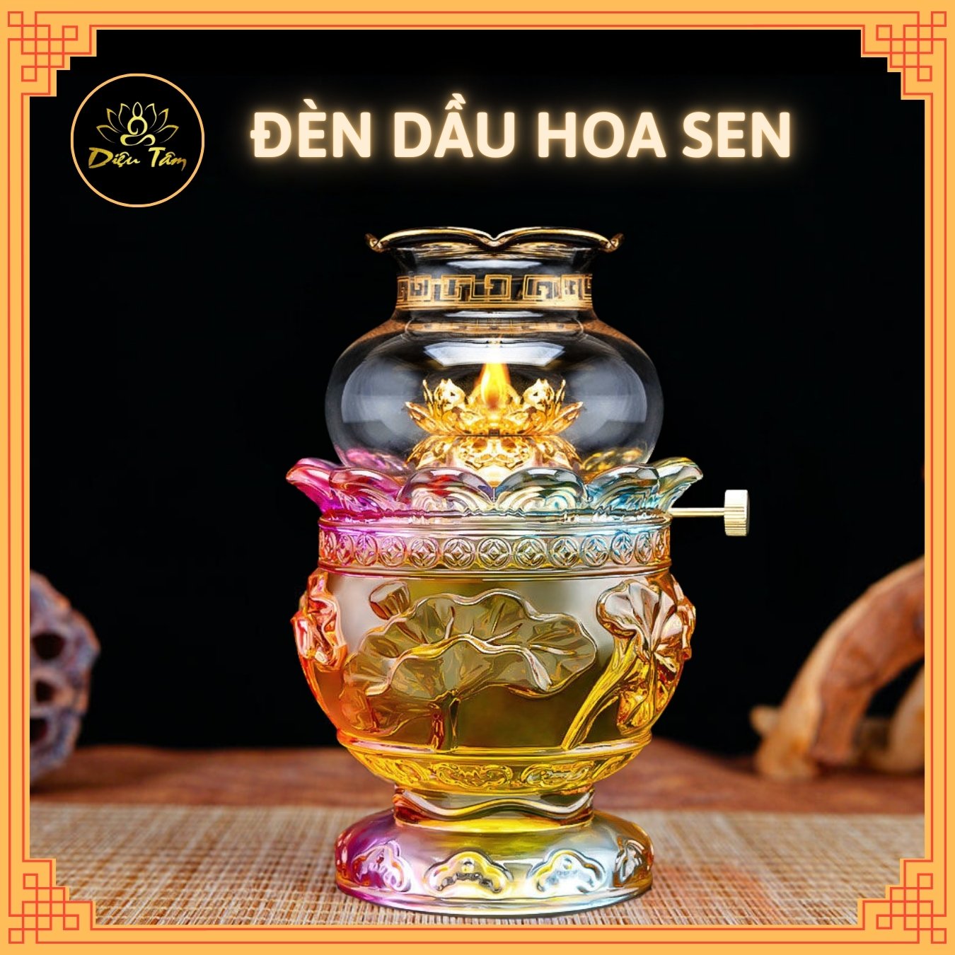 Đèn dầu hoa sen thủy tinh thờ cúng đèn đốt dầu cao cấp đèn để ban thờ ban thần tài - Tiện dụng, bấc dài, cháy lâu, độ bền cao - shop Diệu Tâm