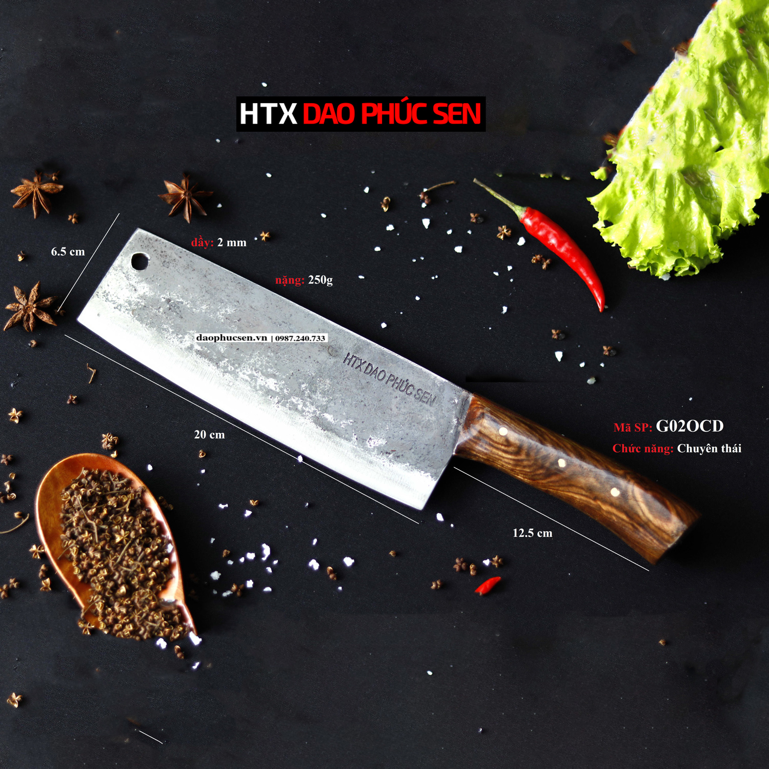 Dao thái 20 cán ốp cẩm - g02ocd- htx dao phúc sen