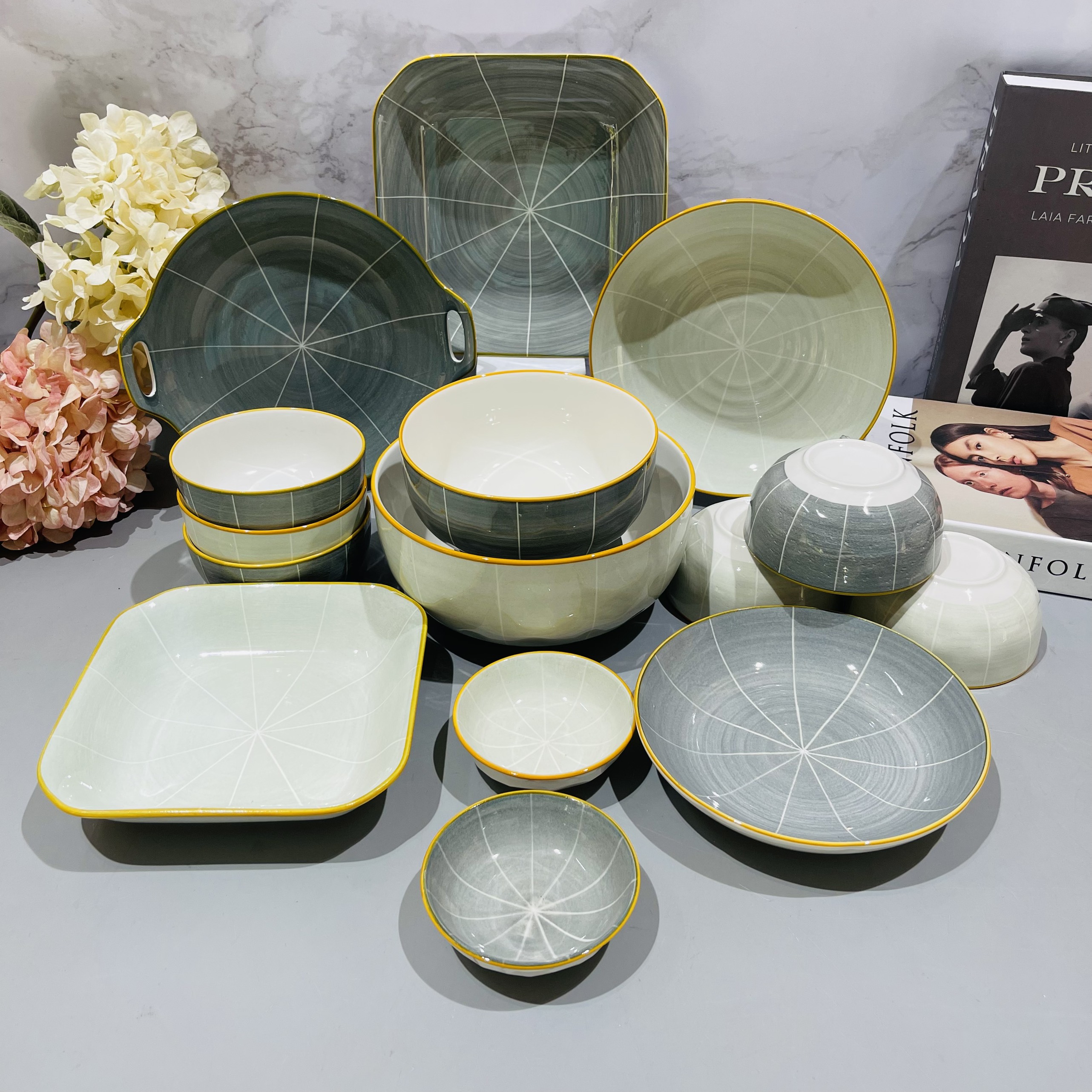 Bộ bát đĩa chén đĩa tô cao cấp Gosu phong cách Nhật Bản màu xanh mint sáng đẹp