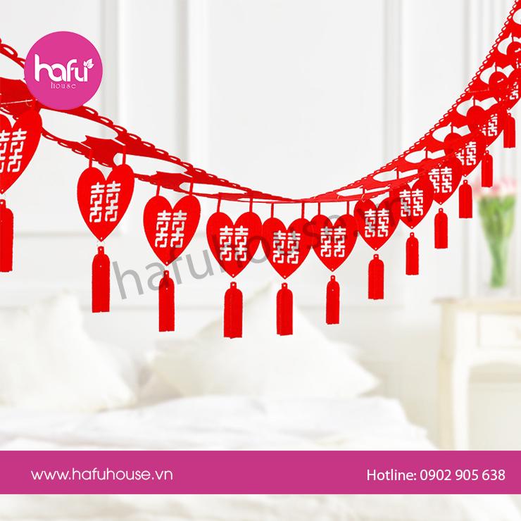 TRANG TRÍ ĐÁM CƯỚI - DÂY TREO ĐÁM CƯỚI HÌNH TRÁI TIM CHỮ HỶ ĐỎ M1 HAFU HOUSE