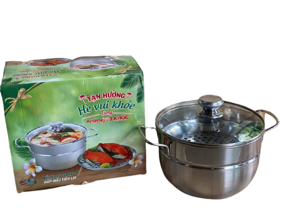 Nồi hấp inox 2tầng nắp kiếng 22cm