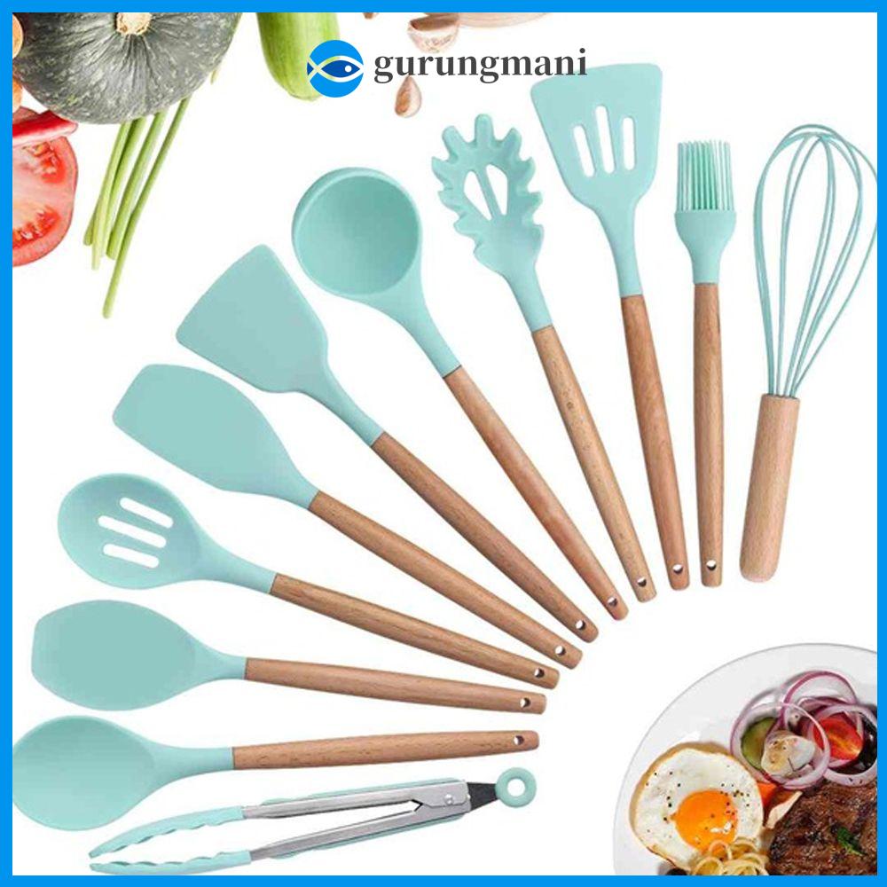 GURUNGMANI 1PC Tay cầm bằng gỗ Bộ đồ ăn Pasta Colander Chải Dụng cụ nấu ăn bằng silicon Muông ăn sup Dụng cụ nấu ăn Spatula