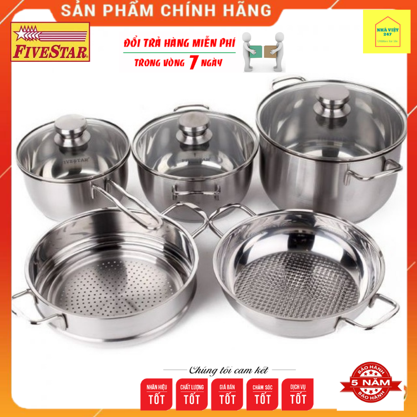 Bộ 5 Nồi Inox Fivestar 3 Đáy-Nắp Kính-Đáy Từ -Tân Hợp Thành-Sáng Bóng ,Dày Đẹp [NhaViet247] Dụng Cụ Nấu Ăn -Xoong ,Nồi ,Đẹp Hàng Chính Hãng-Bảo Hành 5 NămBảo Hành 5 Năm