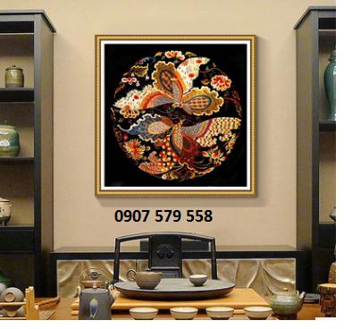 Tranh thêu chữ thập chỉ lụa bóng-thêu kín