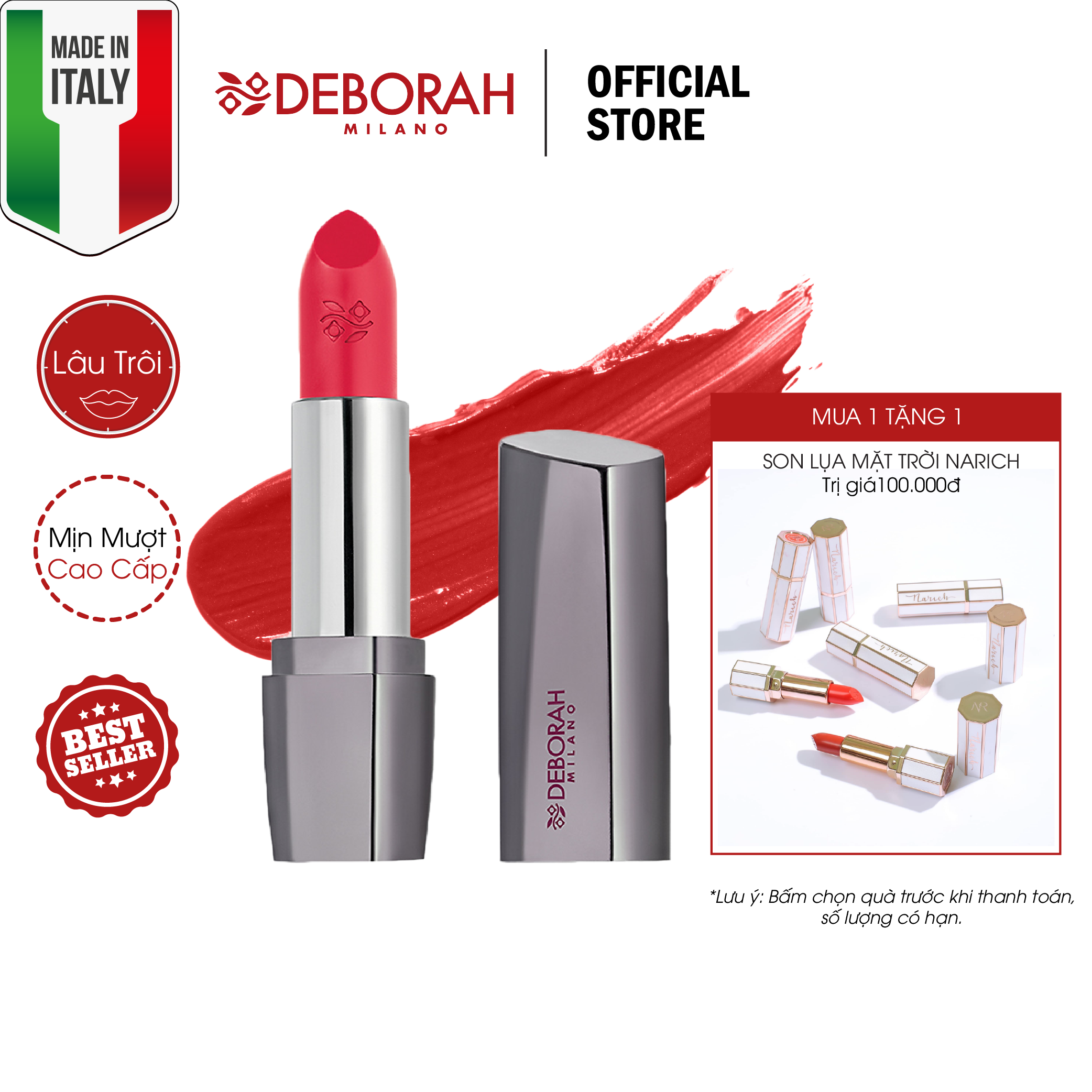 Son Thỏi Dưỡng Ẩm Lâu Trôi Deborah Milano Red Long Lasting