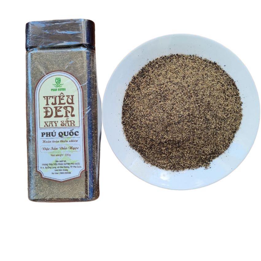 Hạt tiêu đen Phú Quốc (Hủ 300gr) xay sẵn tiện lợi giúp quí khách tiết kiệm thời gian. Được trồng theo tiêu chuẩn hữu cơ, không dùng phân bón hóa học . Phan Huỳnh