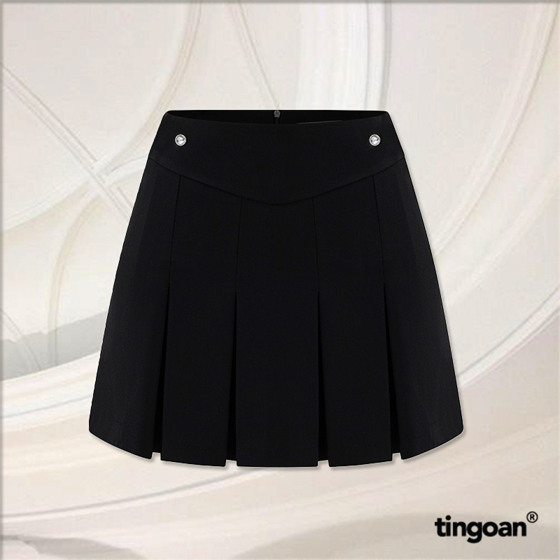Tingoan® - chân váy đen cạp thấp vạt xếp ly sad mood skirt/bl