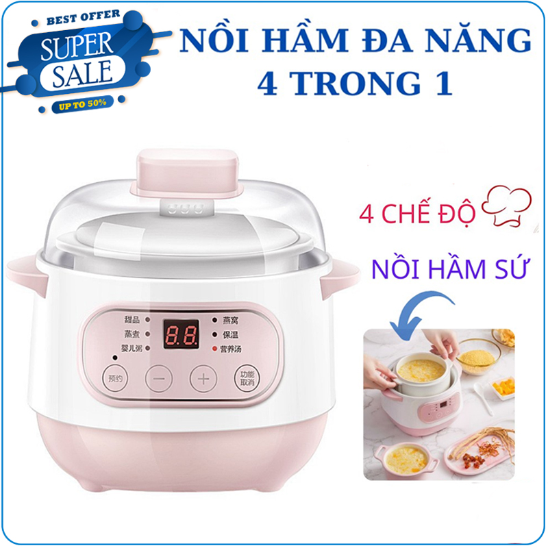 Nồi nấu chậm đa năng, nồi hầm 4in1 chưng yến, hầm cháo, các món ninh tiện lợi , nồi hầm cách thủy  , nồi hầm sứ- Hẹn giờ 4 nút - Nồi chuyên dụng ninh cháo, hầm xương nấu canh cho gia đình - Thể tích 0.8L