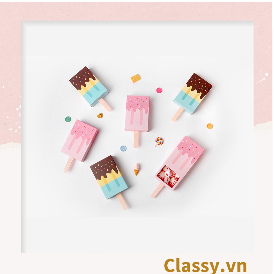 Classy Hộp đựng quà Mini hình que kem; Kích thước 6,7 x 10,2 x 2,7cm nhiều họa tiết xinh xắn làm quà tặng Q560