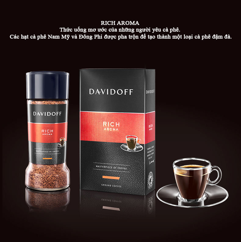Cà phê hòa tan - Davidoff Café Rich Aroma - 100g, thượng hạng có nguồn gốc từ các vùng đất trồng cà phê nổi tiếng trên thế giới như Nam Mỹ, Trung và Đông Phi