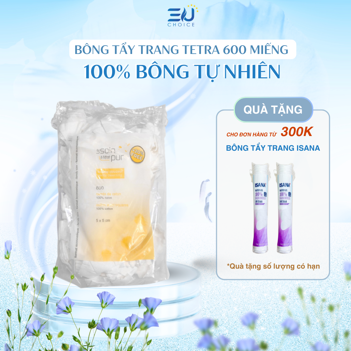 Bông Tẩy Trang Pháp 600 Miếng Tetra Medical Carrés de Cotton, Bông Tẩy Trang Pháp 600 Miếng Nhập Khẩu Chính Hãng