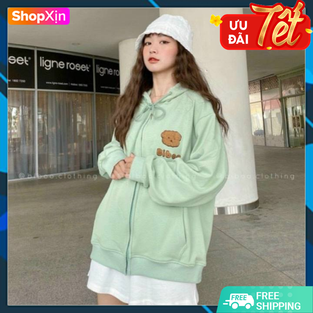Áo Khoác Nỉ Form Rộng Thêu Logo Gấu Bông Kèm Chữ Biboo Khóa Kéo