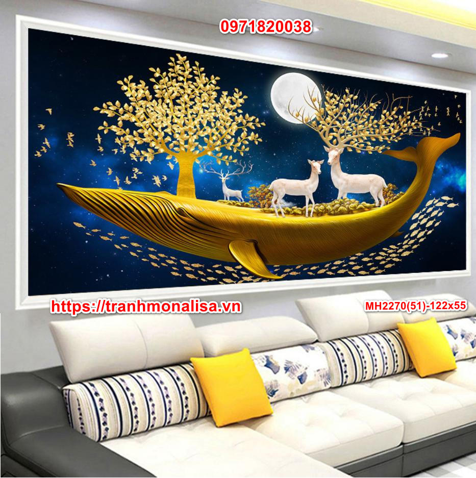[MH2268] Tranh thêu kín Con thuyền chở tài lộc Hươu Nai kích thước 200x90 cm
