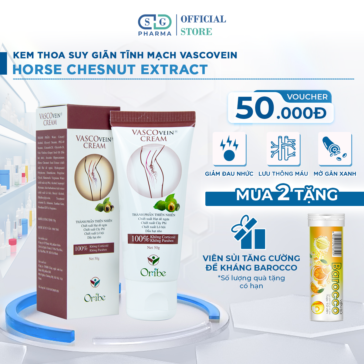 Kem thoa hỗ trợ suy giãn tĩnh mạch vascovein tuýp 50g