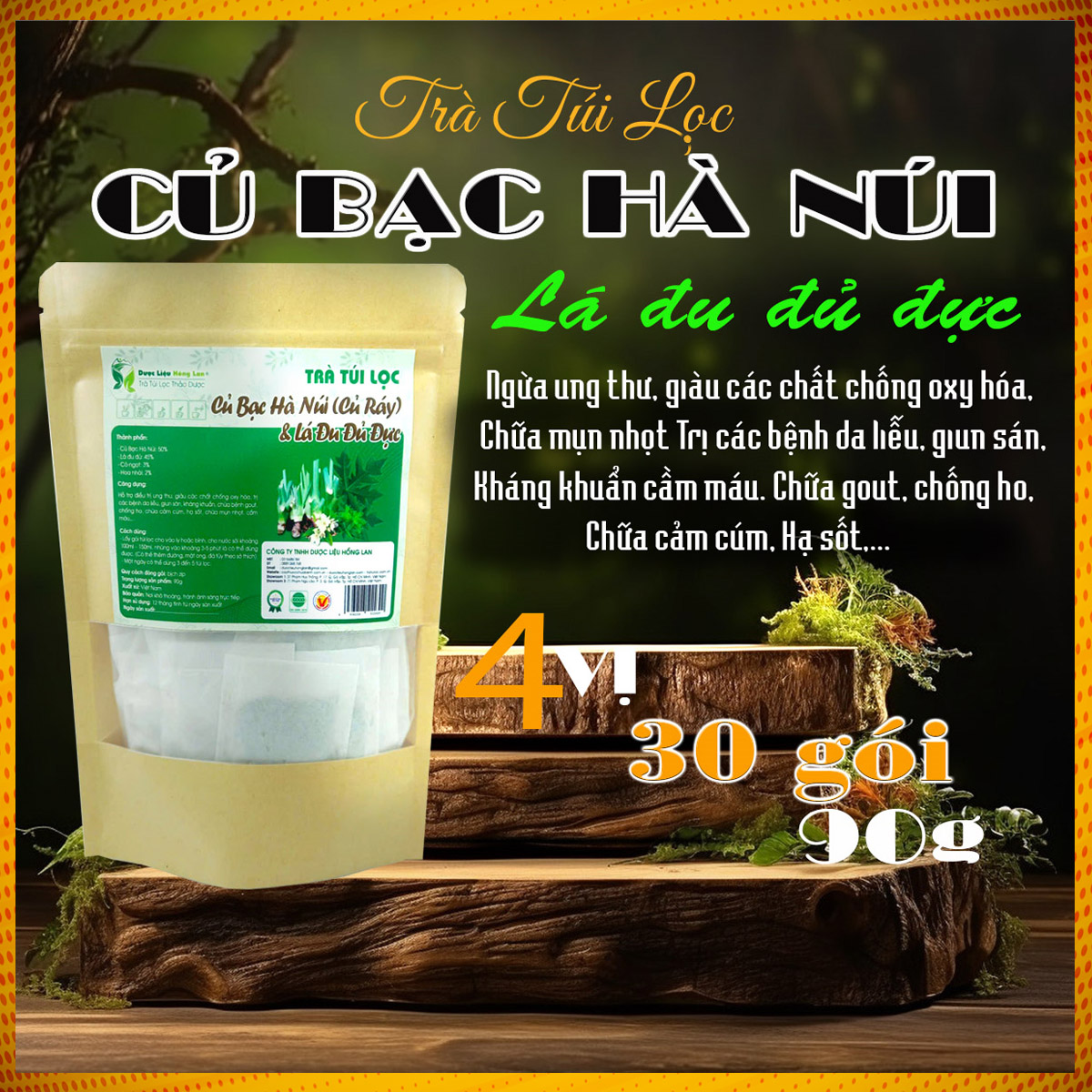 Trà Củ Bạc Hà Núi (Củ Ráy) & Lá đu đủ đực {Bịch 90g (30 túi lọc x 3g) Trà Dược Liệu Hồng Lan