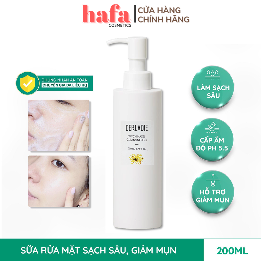 Sữal Rửa Mặt Làm Giảm Mụn Chiết Xuất Cây Phỉ Derladie Witch Hazel Cleansing Gel 200ml