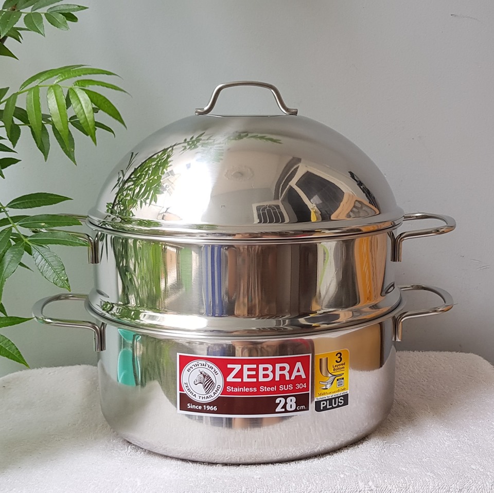 Bộ Xửng Hấp Inox 304 3 Đáy Từ Zebra Extreme Plus II 28cm 164390( lỗ nhỏ có thể đồ xôi.)- Thái lan