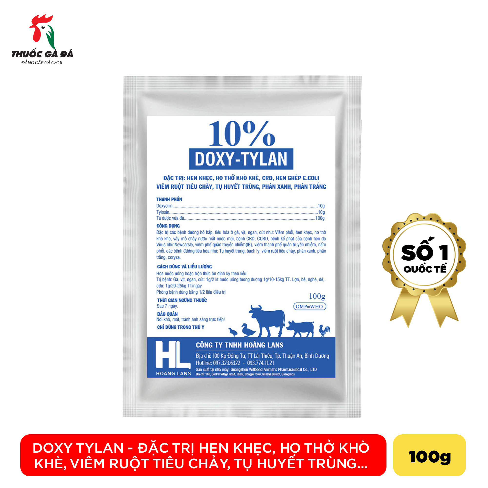 DOXY-TYLAN 10% Hen khẹc, ho thở khò khè, CRD, hen ghép E,coli, Viêm ruột tiêu chảy, tụ huyết trùng, phân xanh- trắng...