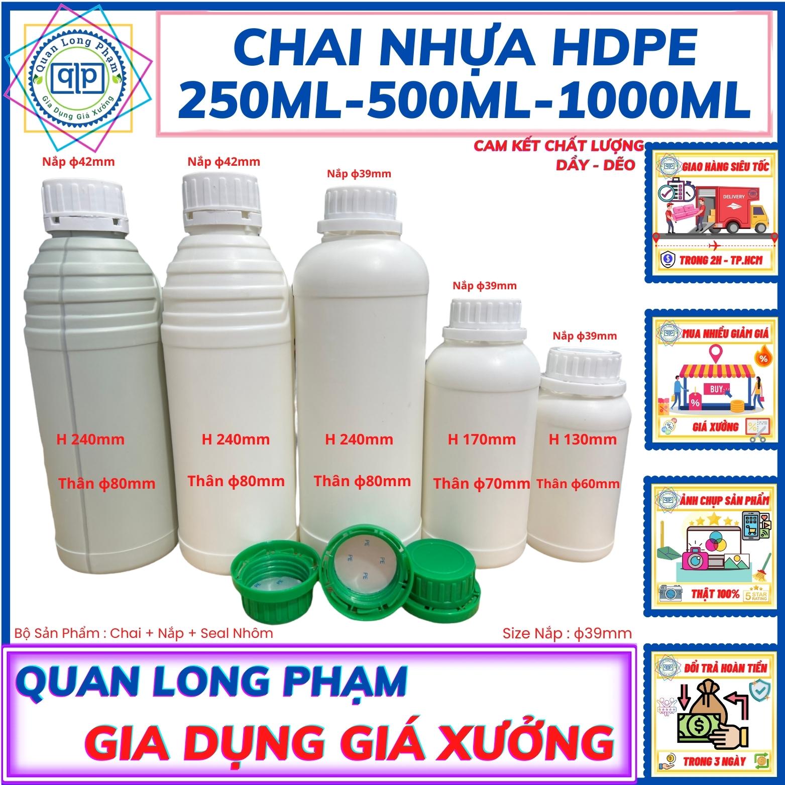 Chai Nhựa HDPE (250ml-500ml-1000ml)-Seal Chống Tràn Khò Nhiệt. Nắp Trắng Size 39mm. Nắp Vặn Garanty Clock Chắc.[FREESHIP MAX]