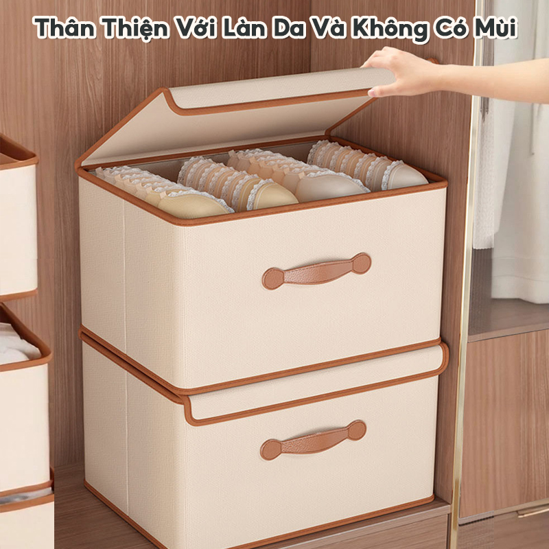 Kiook hộp vải đựng quần áo hộp vải đựng đồ đa năng thùng đựng quần áo đồ lót đồ chơi gấp gọn viền da, nắp có ngăn 66/88l