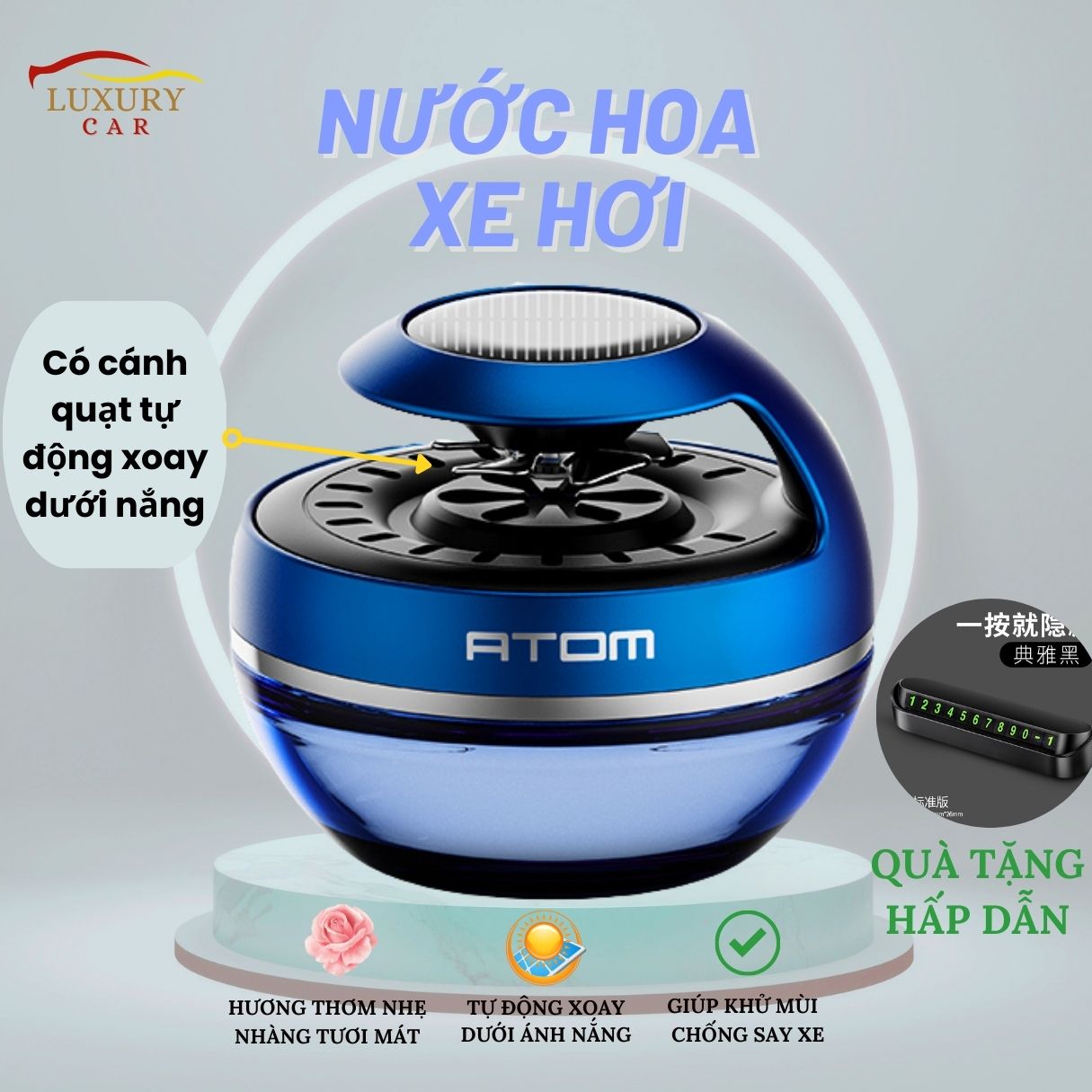 Nước hoa ô tô Nước hoa xe hơi ATOM có cánh quạt tự động xoay bằng năng lượng mặt trời giúp khuếch tán hương thơm khử mùi xe ô tô chống say xe tạo cảm giác thoải mái dễ chịu khi lái xe.