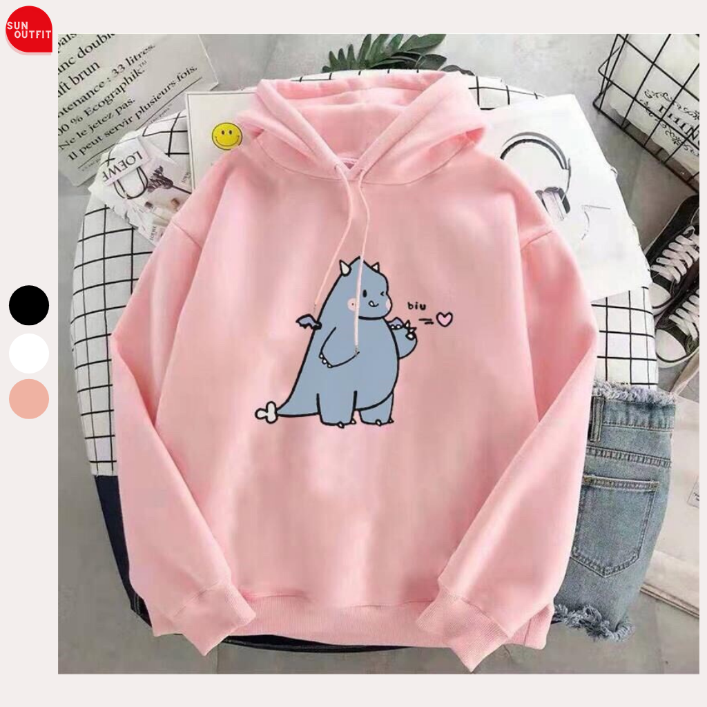 Áo Hoodie Nam Nữ SUN OUTFITS KHỦNG LONG NHÍ THẢ TIM Form Rộng - Áo Khoác Hoodie Unisex Chất Nỉ Bông Cao Cấp Mền Mịn Siêu Thoải Mái Có 3 Màu Lựa Chọn (HỒNG, TRẮNG, ĐEN)
