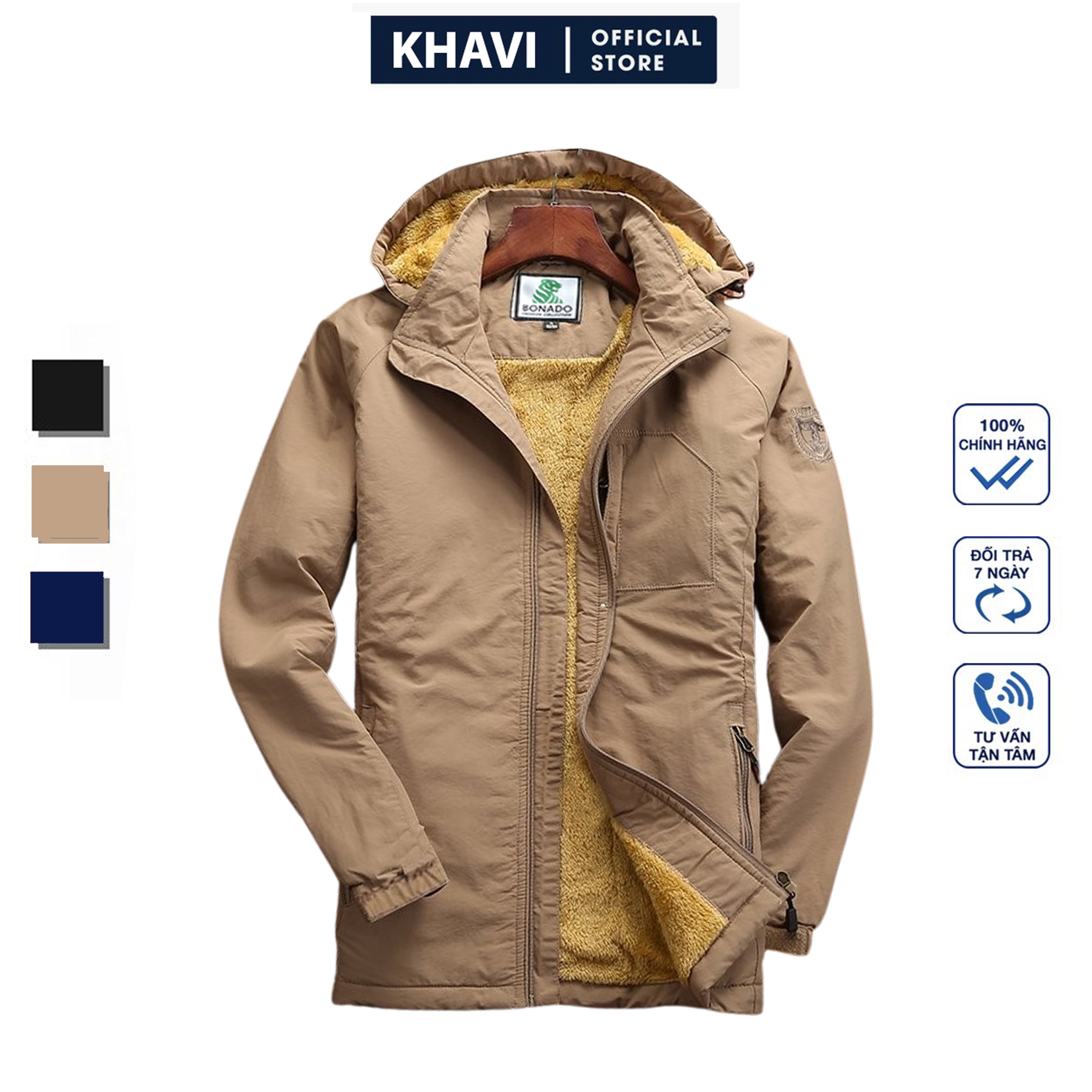 Áo khoác dù chống nước lót lông cả cánh tay phối nón cao cấp Khavi AKD41