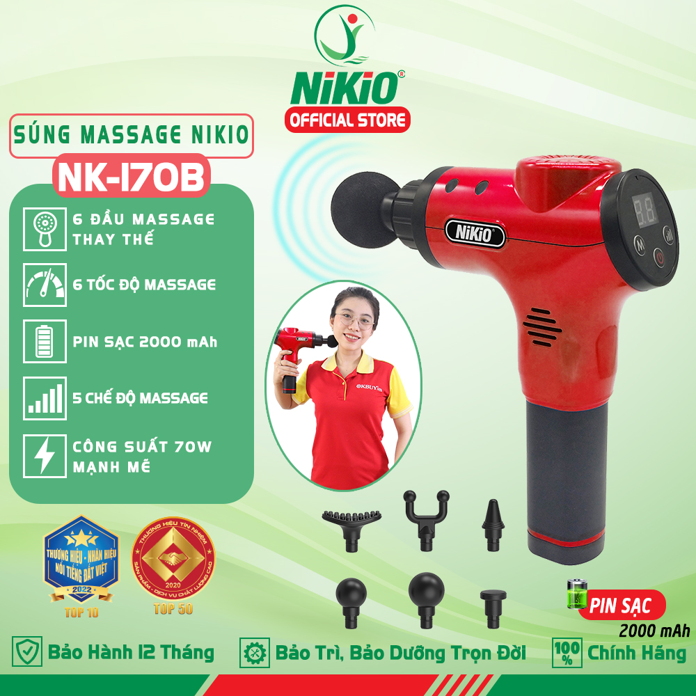 Súng massage cầm tay 6 đầu 5 chế độ nhật bản nikio nk-170b - đỏ - hàng cao cấp