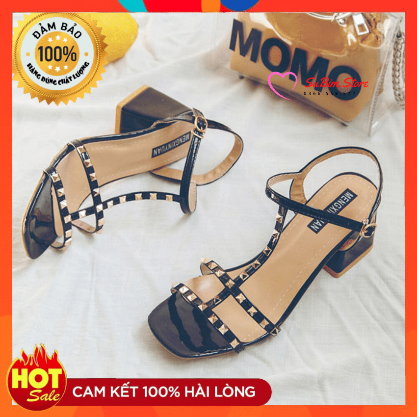 Giày Cao Gót Sandal Quai Bóng Viền Đinh Tán Siêu Xinh – SuBim.Store – Gót vuông 5p dễ đi, Quai đính đính chắc chắn