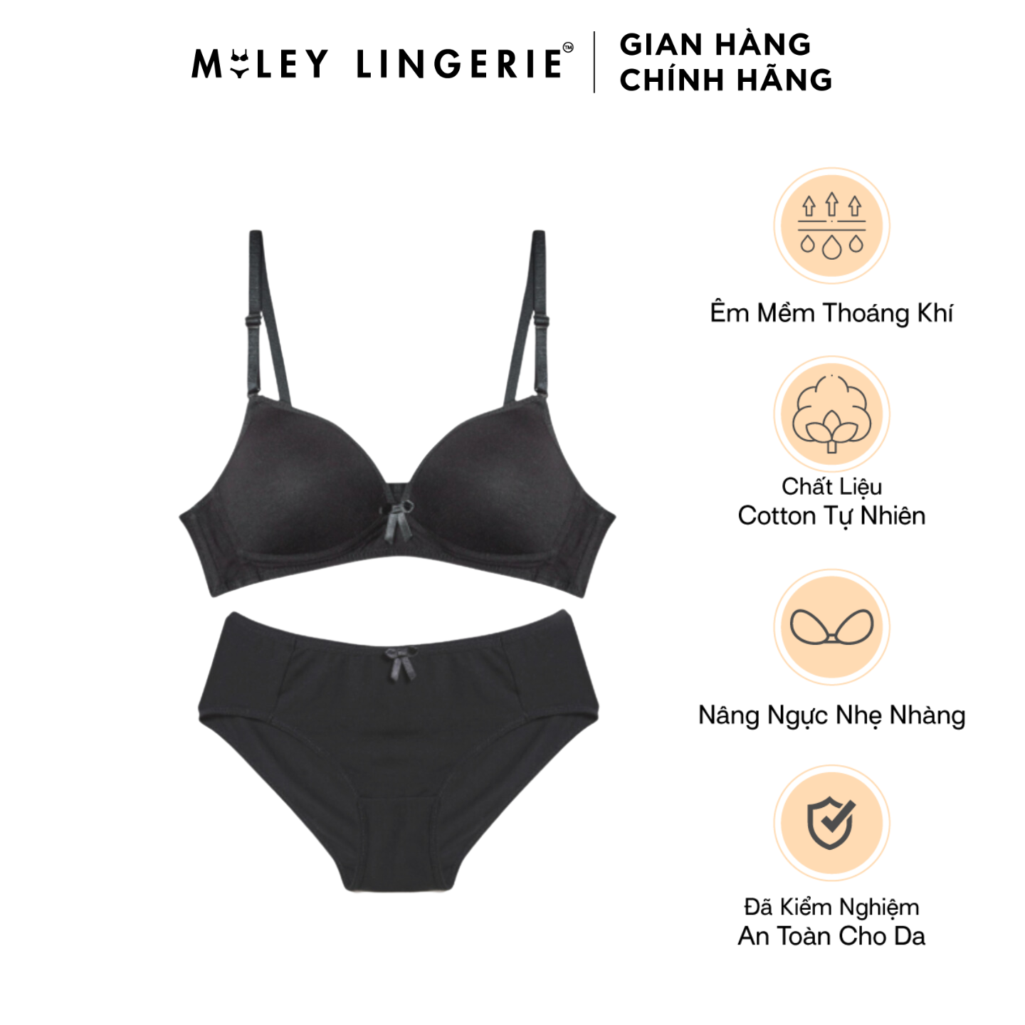 Bộ Đồ Lót Cotton Mút Mỏng Không Gọng Nâng ngực nhẹ nhàng MILEY LINGERIE - Màu đen
