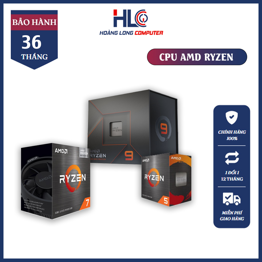 Cpu amd ryzen 9, ryzen 7, ryzen 5 bộ vi xử lý chính hãng amd chạy siêu mượt, ổn định ryzen 9 7900x, ryzen 7 7700x , ryzen5 5600g , 5600x bảo hành 36 tháng chính hãng - hoàng long computer