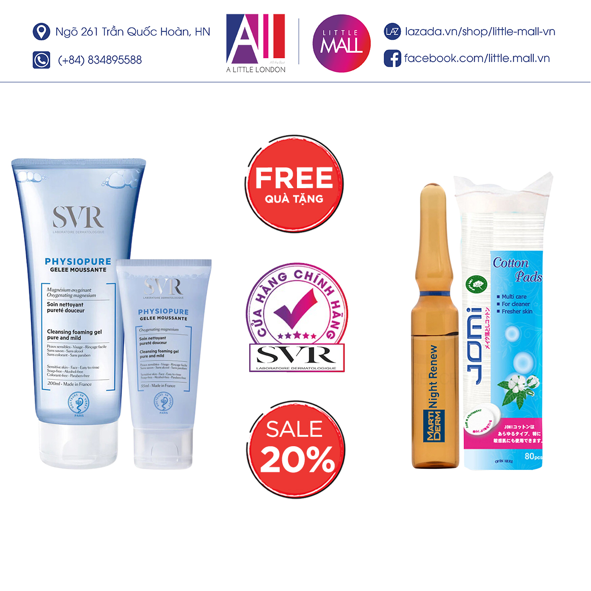 Sữa rửa mặt dành cho da nhạy cảm SVR physiopure gelee moussante TẶNG bông tẩy trang Jomi/Ampoule chống lão hóa Martiderm(Nhập khẩu)